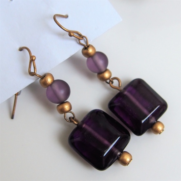 Artisan Jewelry - Artisan Purple Glass Gold Beaded Dangle Earrings
